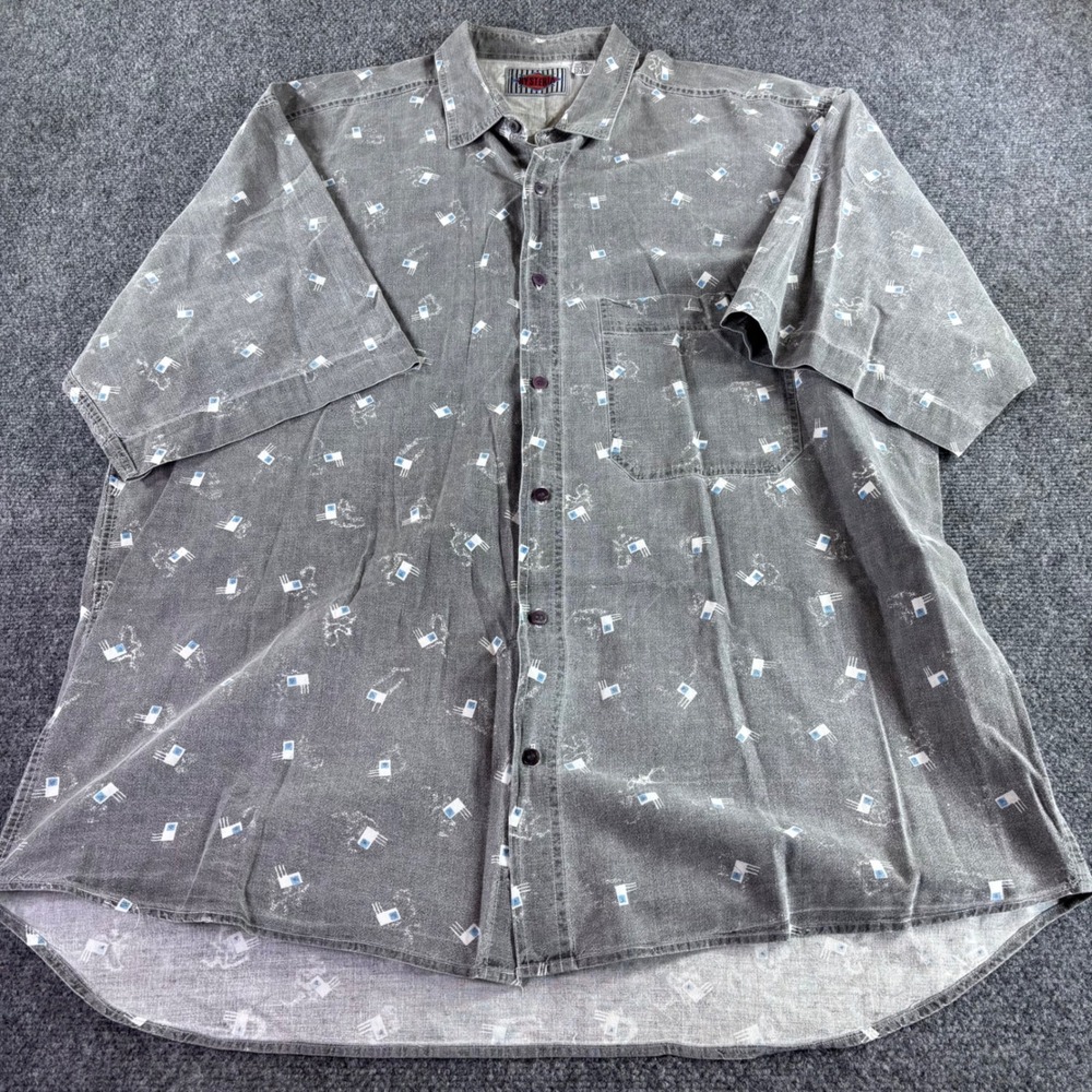 Vtg Hysteria Button Down Shirt Mens XL Grey Abstract Print‎ Short Sleeve Casual